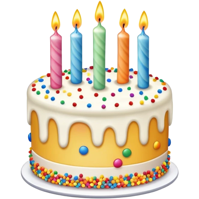 colorful birthday cake with lit candles and decorations emoji