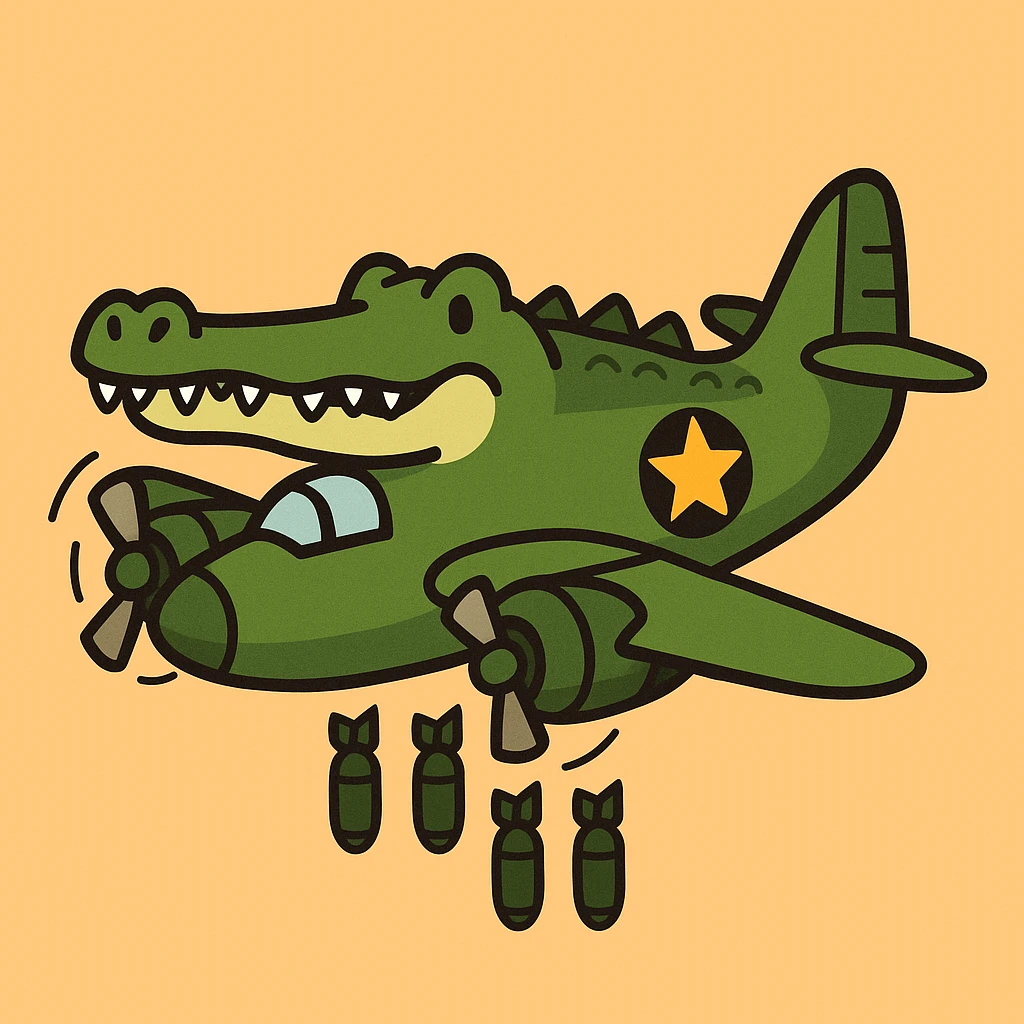 flat toon style crocodile as a bomber plane, simple and fun emoji