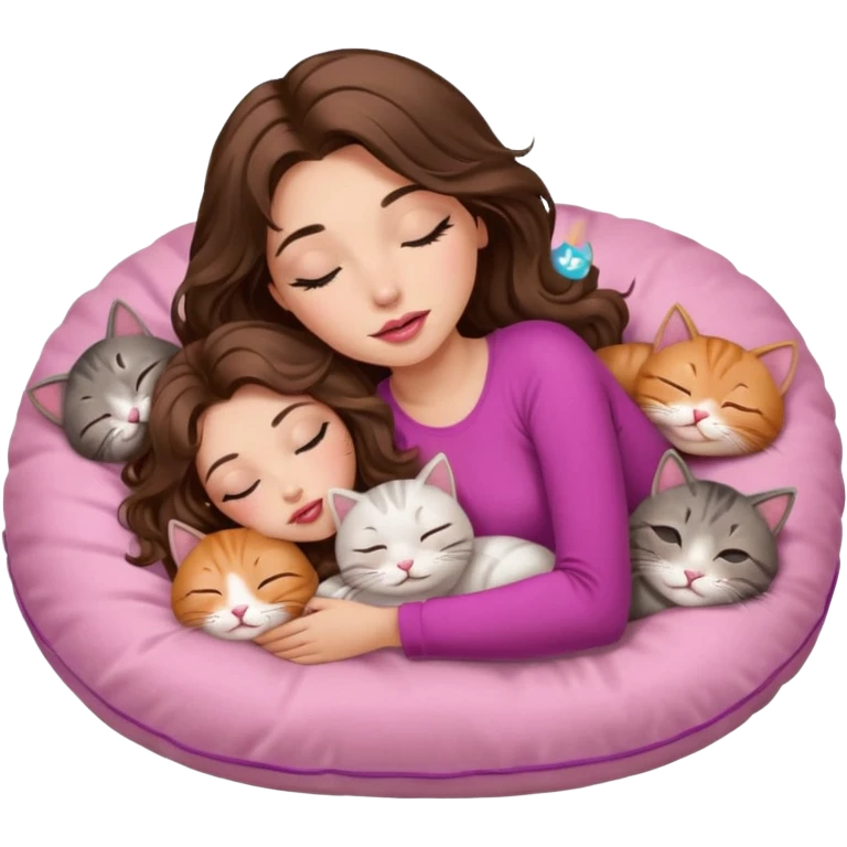 girl with long wavy brown hair, brown eyes, long lashes makeup, sexy pink lips, light to medium complexion, sleeping on a cozy pillow with 6 cats emoji
