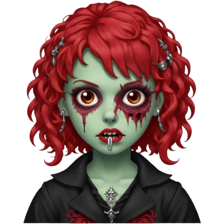zombie girl red hair cacheado médio e franja, com piercings na boca, nariz e sobrancelha,  roupa gótica  emoji