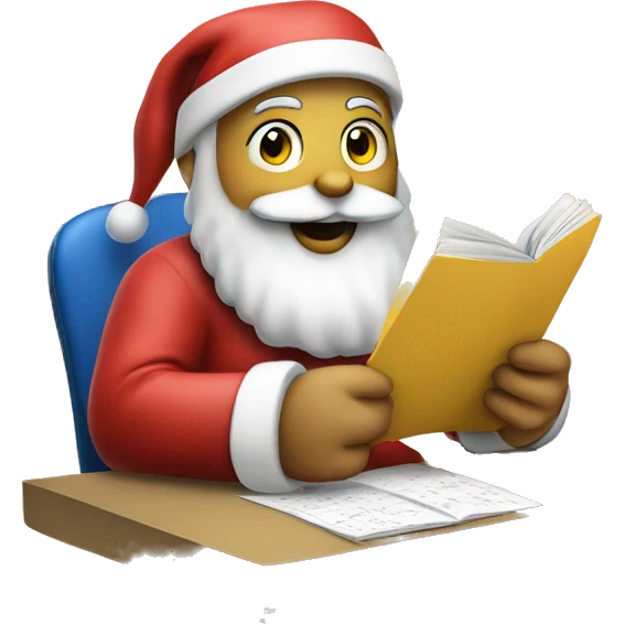 Santa is sitting on a desk, solving complicated math puzzles in an exercise book emoji
