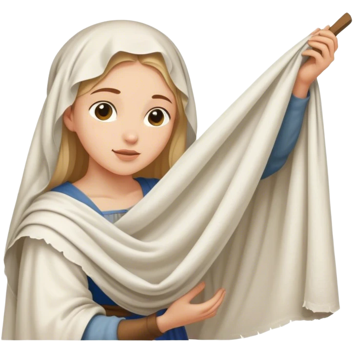 young washerwoman hanging large cloth spread out with the vernicle, age medieval emoji