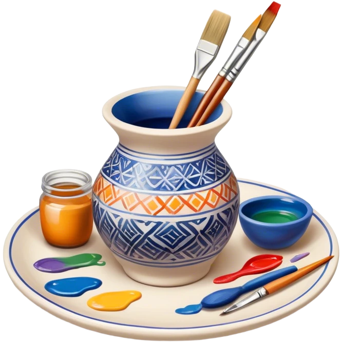 Ceramic painting icon, hand-painted ceramic plate or vase with intricate patterns, visible paintbrush, paint pots, and ceramic tools, colorful glaze, no finished artwork, just the painting process, minimalistic style, clean lines, transparent background. emoji