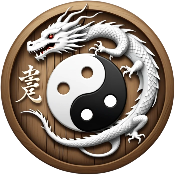 An icon symbolizing Eastern martial arts in the style of an emblem, featuring a black-and-white Yin-Yang symbol and a dragon at the center, surrounded by elements like a dojo. Transparent background highlights balance and power. emoji
