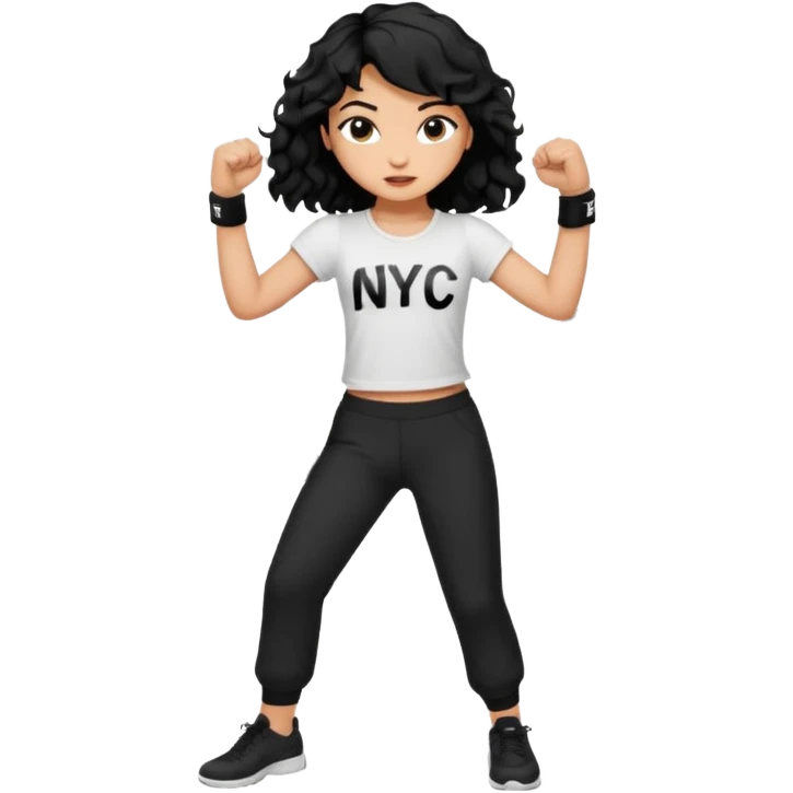 Make a girl with black wavy hair wearing a white top that says NYC in black writing and just black pants and make her punch emoji