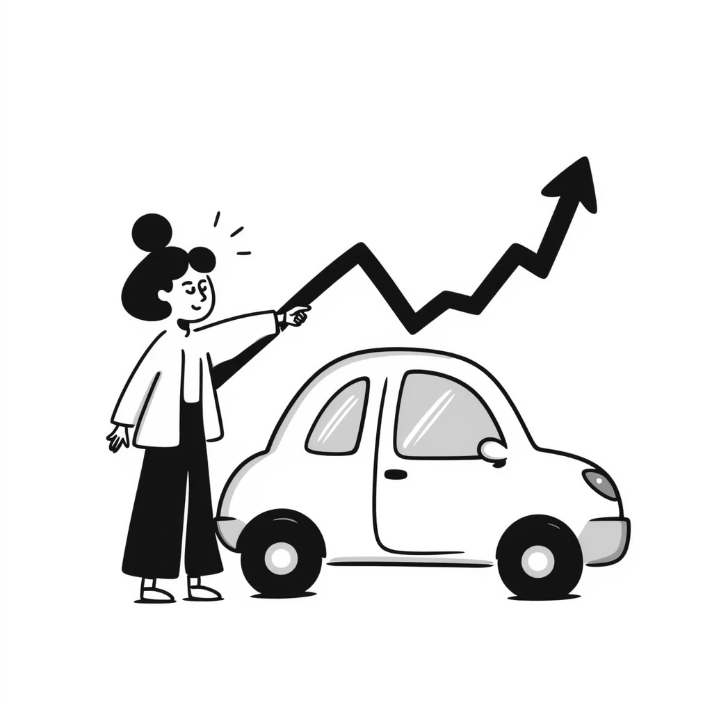 drawing of a car, customer, and profit graph, showing accessible vehicle finance emoji