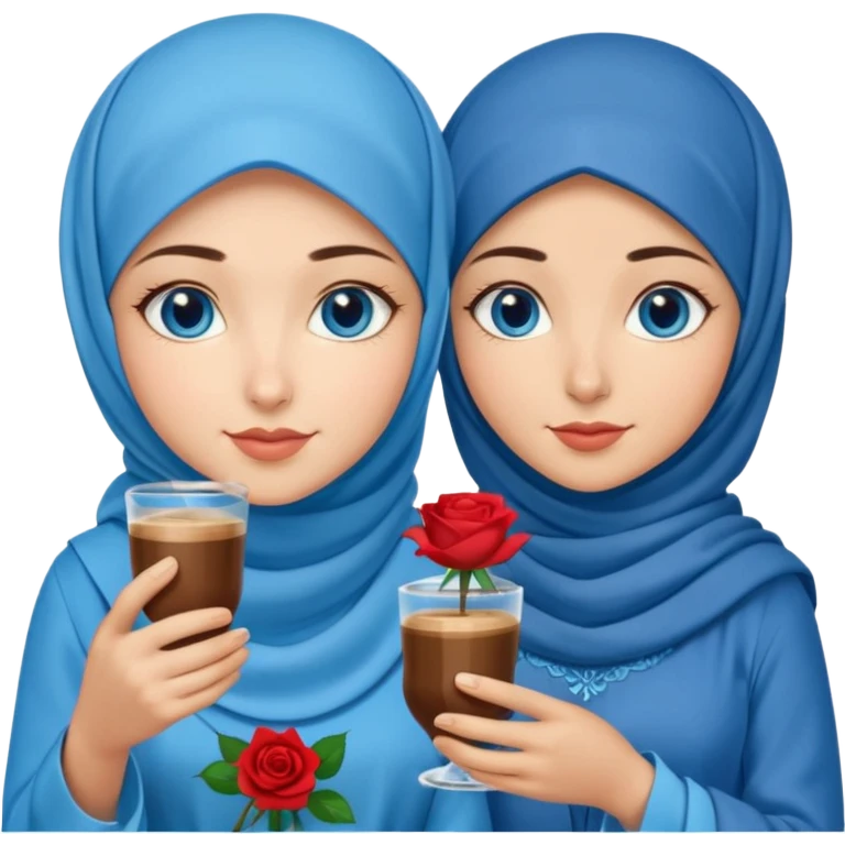 Turkish beautiful finish Konya two girls blue eyes with blue hijab islamic dress and had on her hand Rose Cold turkish coffee   emoji