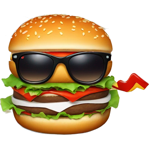 A burger with sunglasses surfing on a red ketchup looking wave  emoji