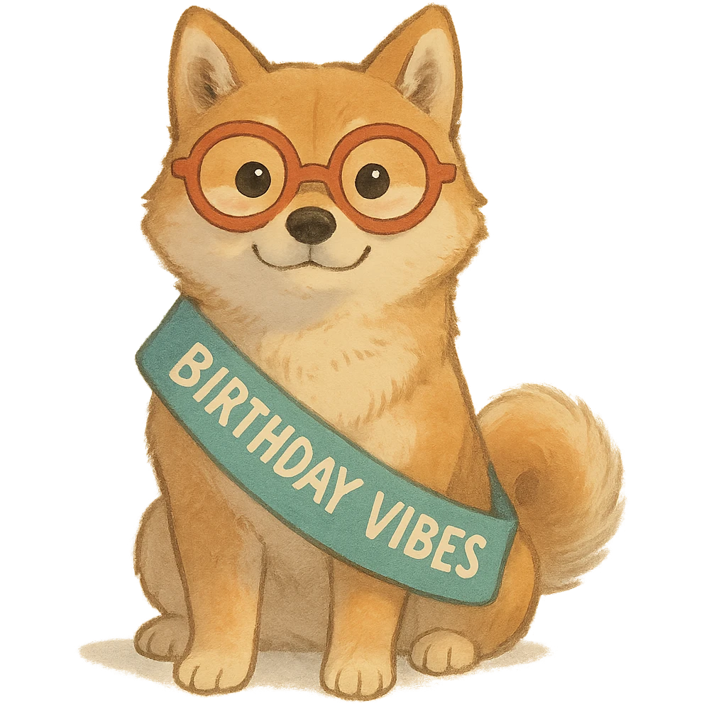 Shiba Inu wearing a "Birthday Vibes" sash and glasses, soft Ghibli style, transparent background emoji