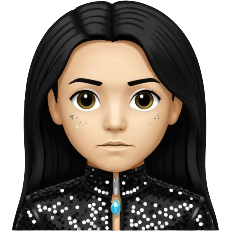 Taboo from Black Eyed Peas with long black hair, black sequin outfit  emoji