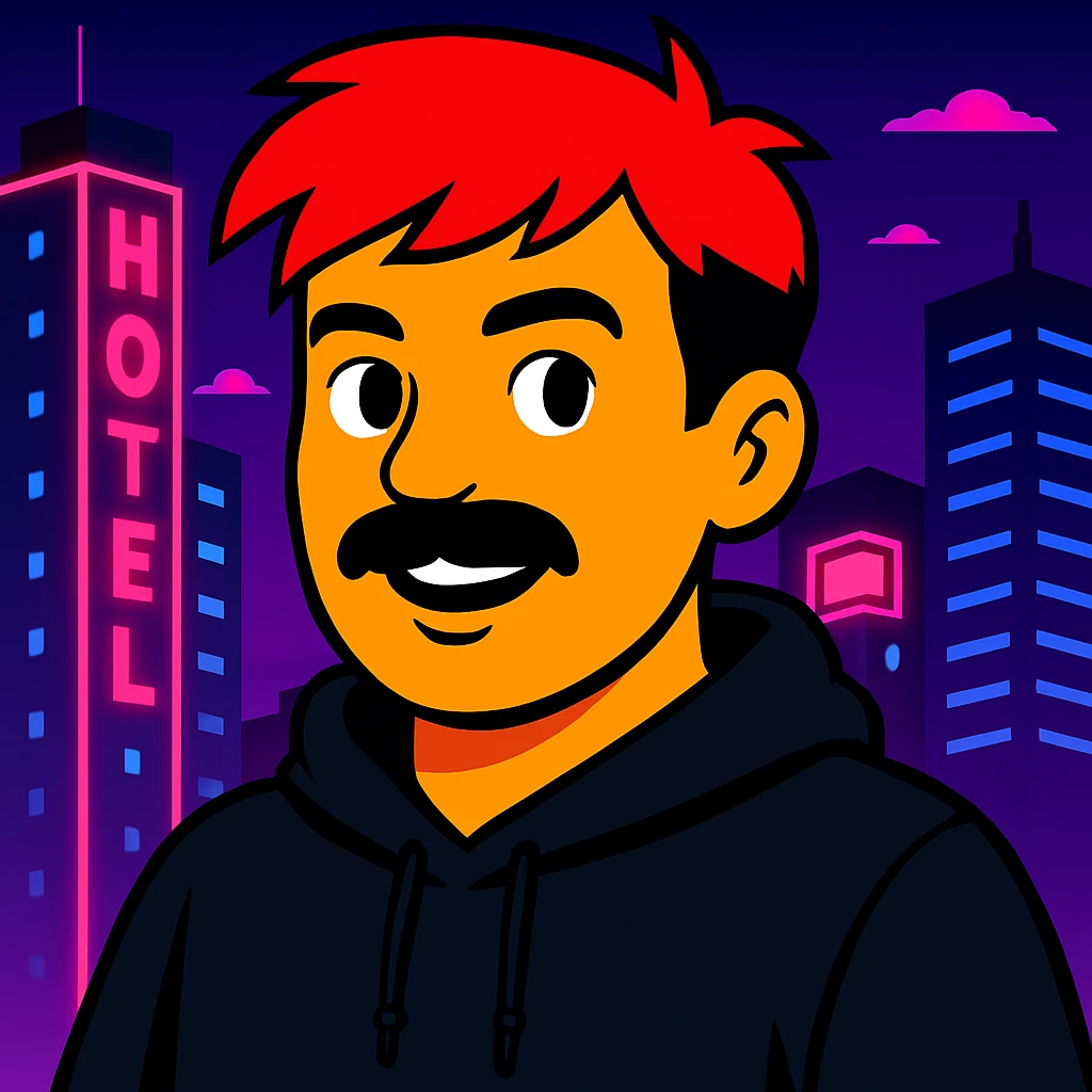 Make the face slightly less round, reduce the mustache a bit, and add a black hoodie. Keep the vibrant toon style, neon city background, and all original colors and lighting. emoji