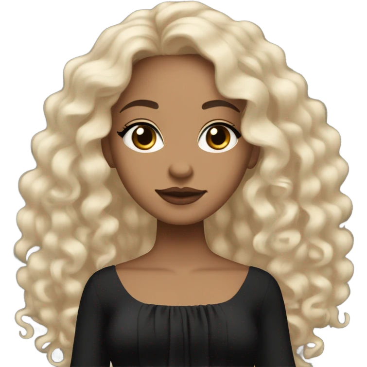Light skin girl with black very long curly hair, brown eyes, black Chanel dress emoji