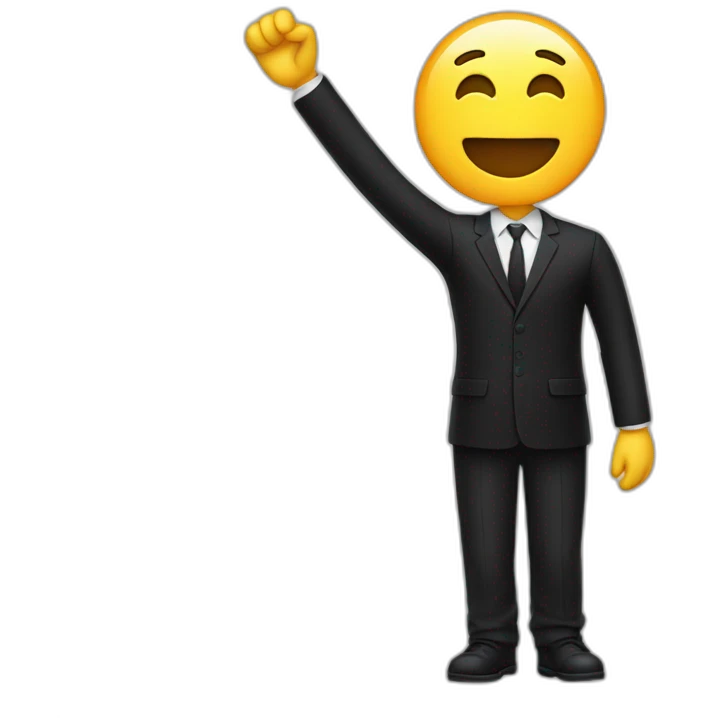 Person in black suit with right arm to the sky and other arm glued to the side of the body emoji