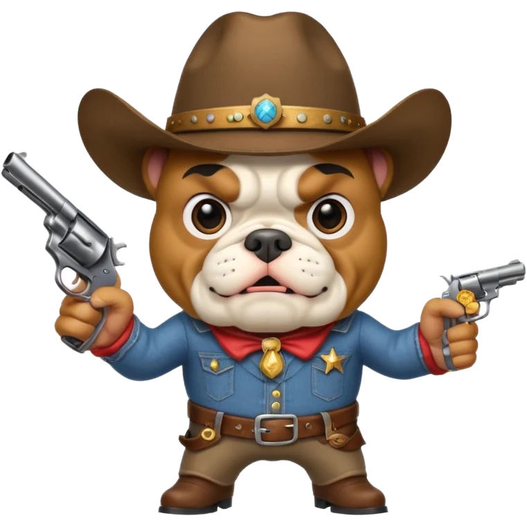 A bulldog wearing a cowboy hat pointing a revolver at you and telling you to hand over your money. emoji