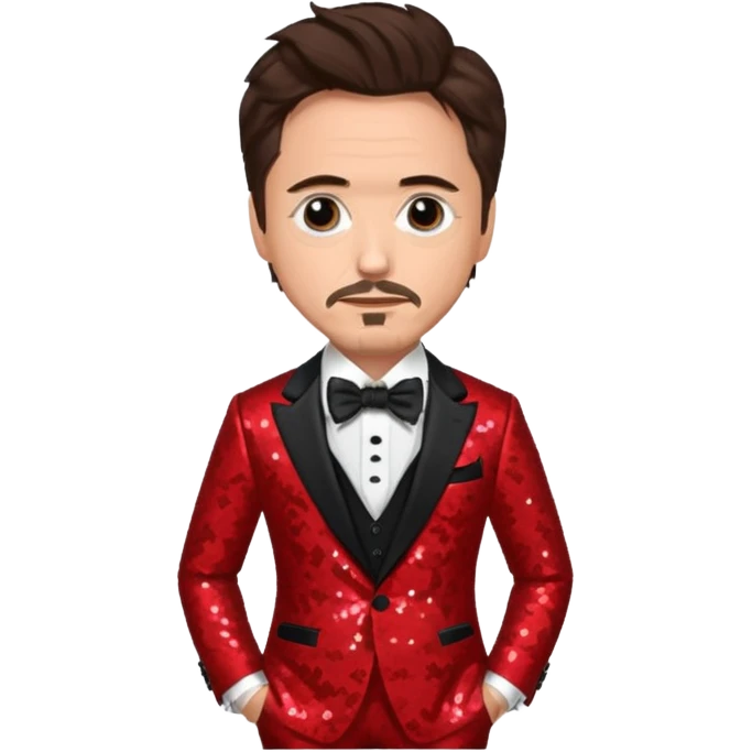 Robert Downey Jr with dark brown hair, red sequin suit with bow tie emoji