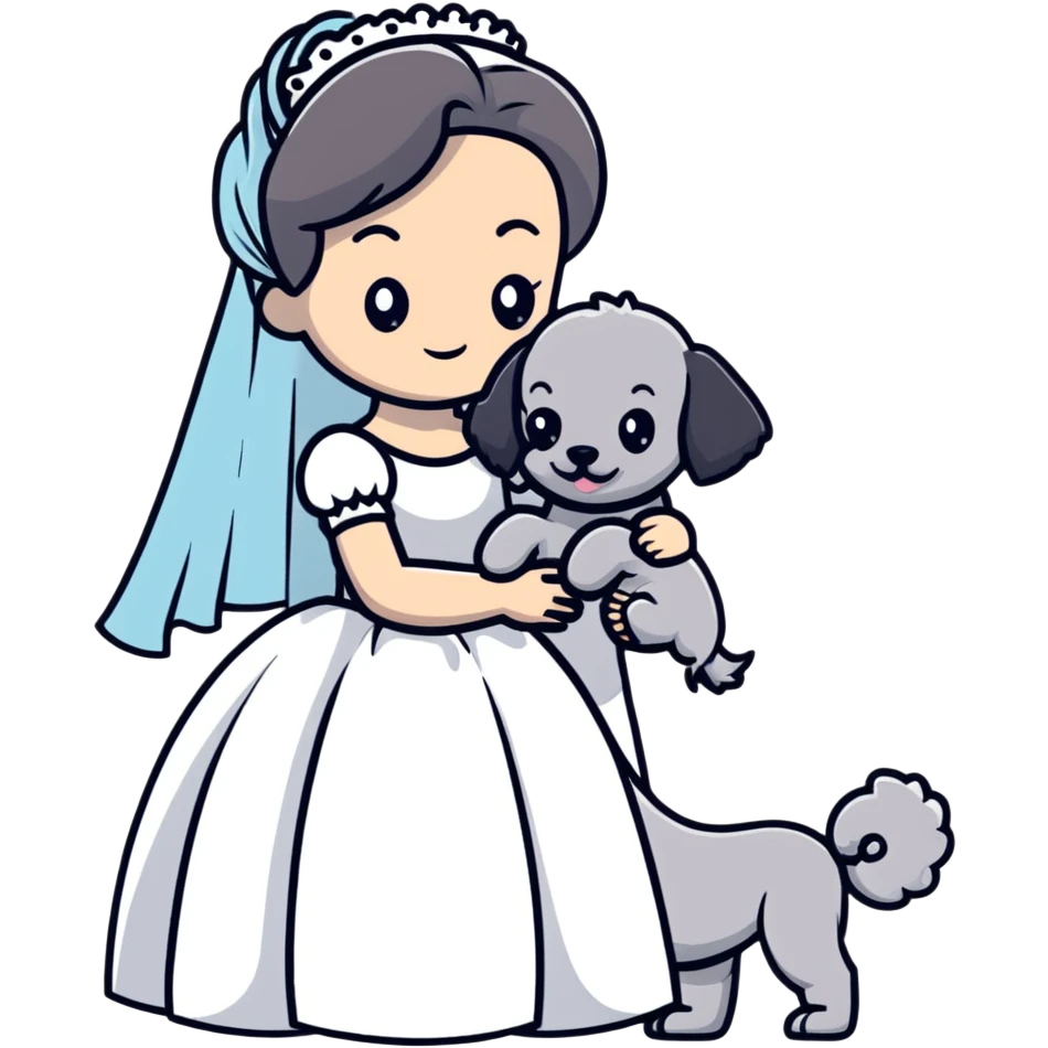beautiful girl in a wedding dress hugging a small gray poodle emoji