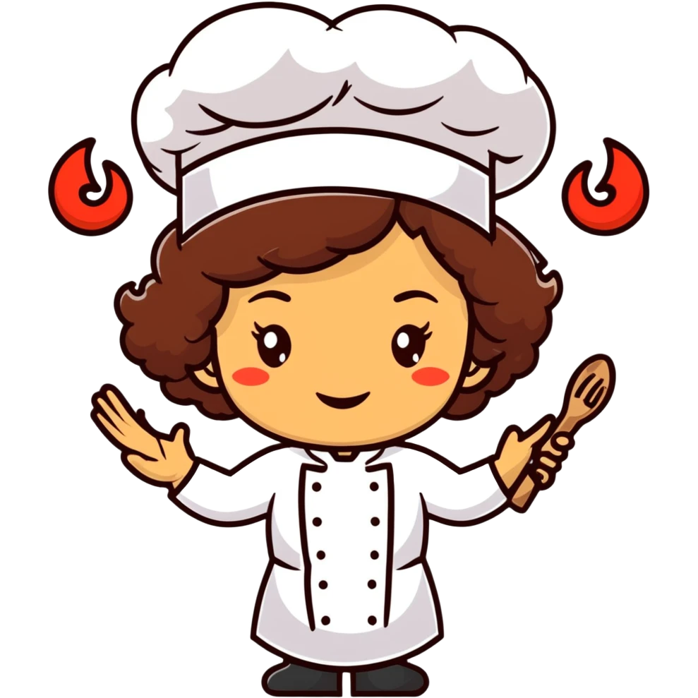 Mixed-race female chef with medium-length curly brown hair, wearing a chef's hat (toque), with both an angel halo and devil horns on her head emoji