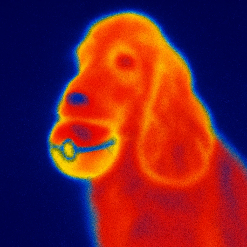 Russian Cocker Spaniel with a Poké Ball in its mouth with a background emoji
