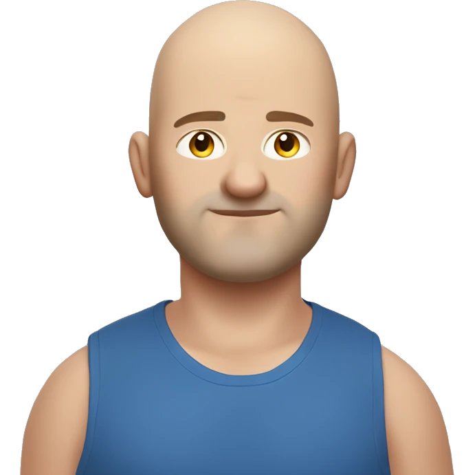 a fat man with a shaved head in a blue t - shirt posing for a, face-on head shot, patryk hardziej, shaved head, face on head shot emoji