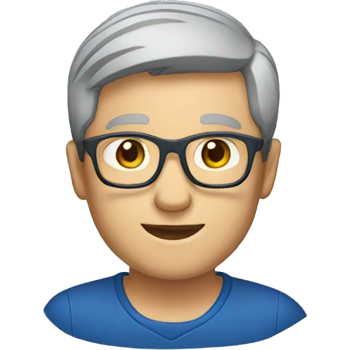 male, teacher, gray short hair, glassese, blue and dark red polo shirt emoji emoji