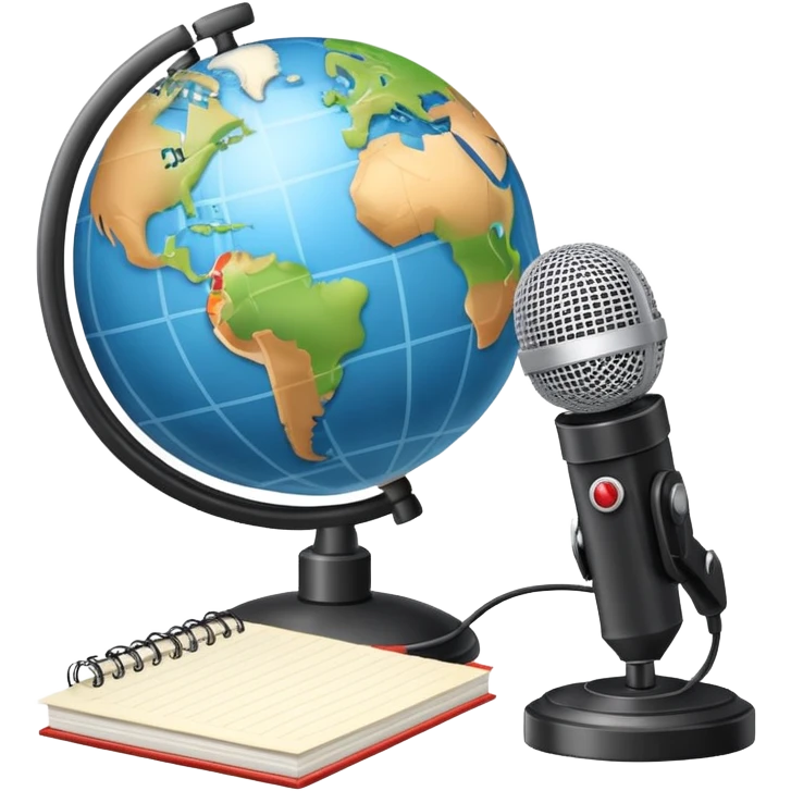 An icon showing a microphone, a notepad, and a camera, symbolizing journalism. The design includes a globe in the background, representing global news, and a breaking news banner for emphasis. Transparent background highlights the dynamic world of media and reporting. emoji