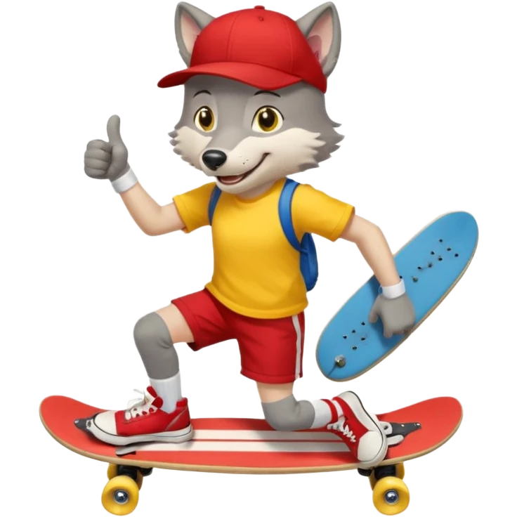 A gray wolf with large, expressive eyes and a friendly smile. The gray wolf is wearing a bright yellow T-shirt, red shorts, white knee socks, and sneakers. The baseball cap is worn backwards. The wolf holds a skateboard in one hand and gives a thumbs-up with the other, a confident and cheerful pose. emoji
