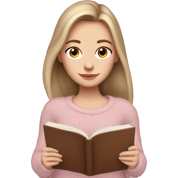 Pretty blue eyed white girl with brown hair with light pink sweater reading cozy emoji