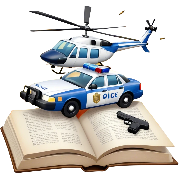 Icon for Action & Crime Reading: an open large book with text on the pages, a police car is driving out, with explosions behind, a helicopter flying above, a pistol with bullets in the front. The icon should capture the thrilling action and suspense of crime stories. Transparent background. emoji