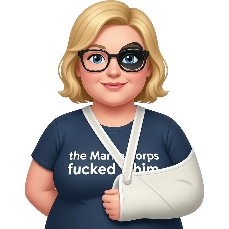 A fat blonde woman with a black eye and arm in sling and glasses wearing a shirt saying the Marine Corps fucked him emoji