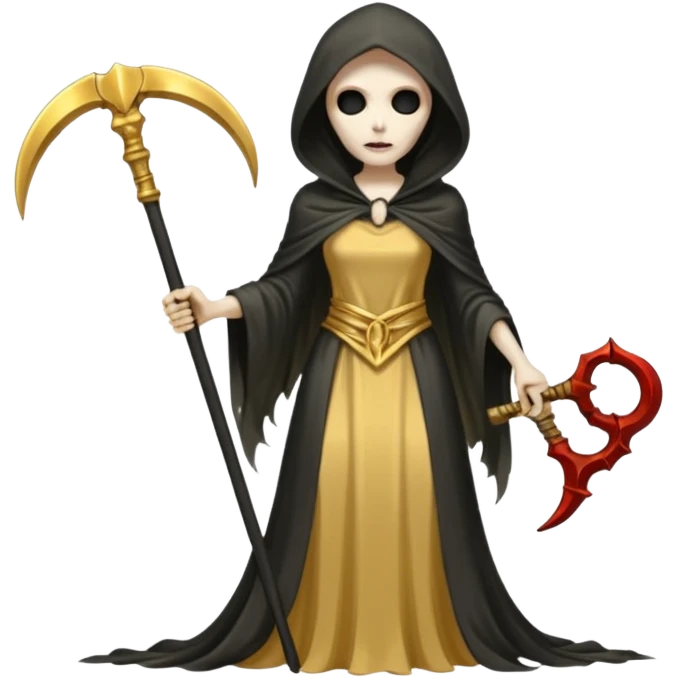 feminine grim reaper in a gold with scythe emoji