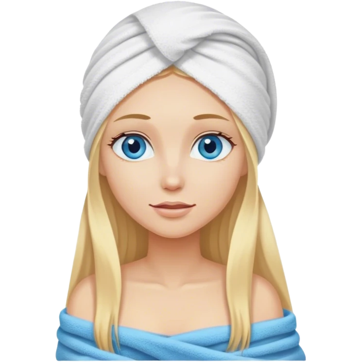 Cinematic realistic blonde with long hair and blue eyes, with a towel on her head emoji