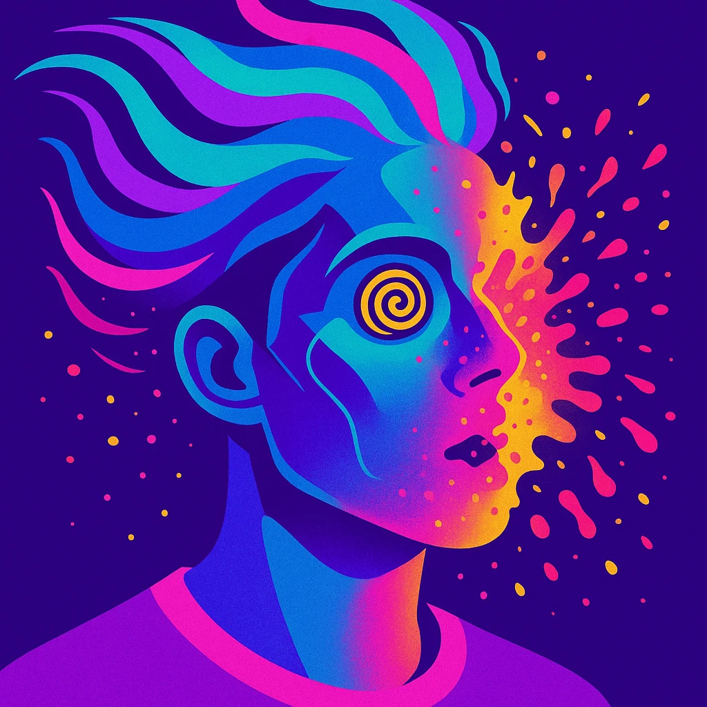 surreal portrait of a person with neon skin, face dissolving in an explosion of colors, airbrush effect, hair as swirling liquid color streams like northern lights, hypnotic spiral eyes, geometric elements along face contour, paint particles flying away, acid purple, turquoise, and electric pink blending, sense of movement emoji