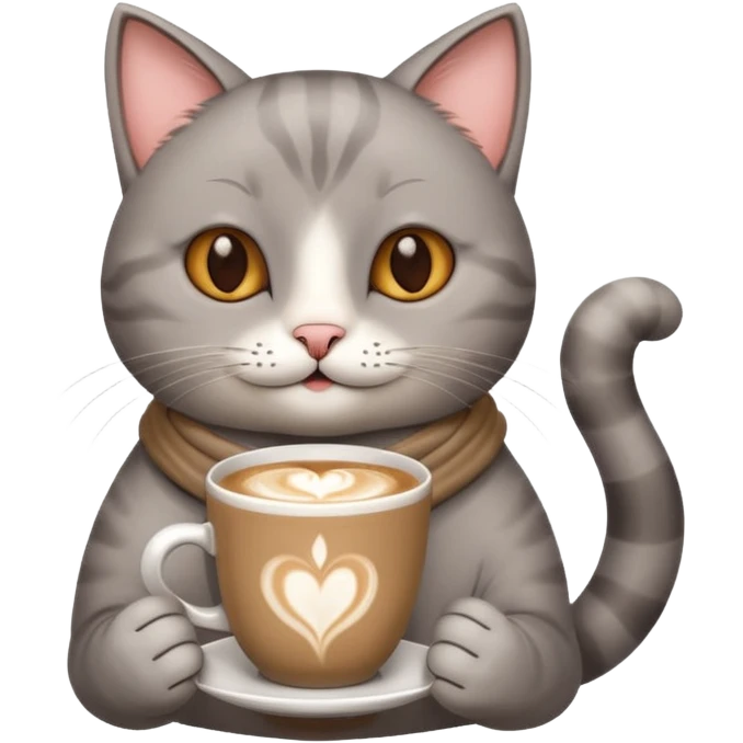 Happy gray Cat holding in its front two paws an hot latte emoji