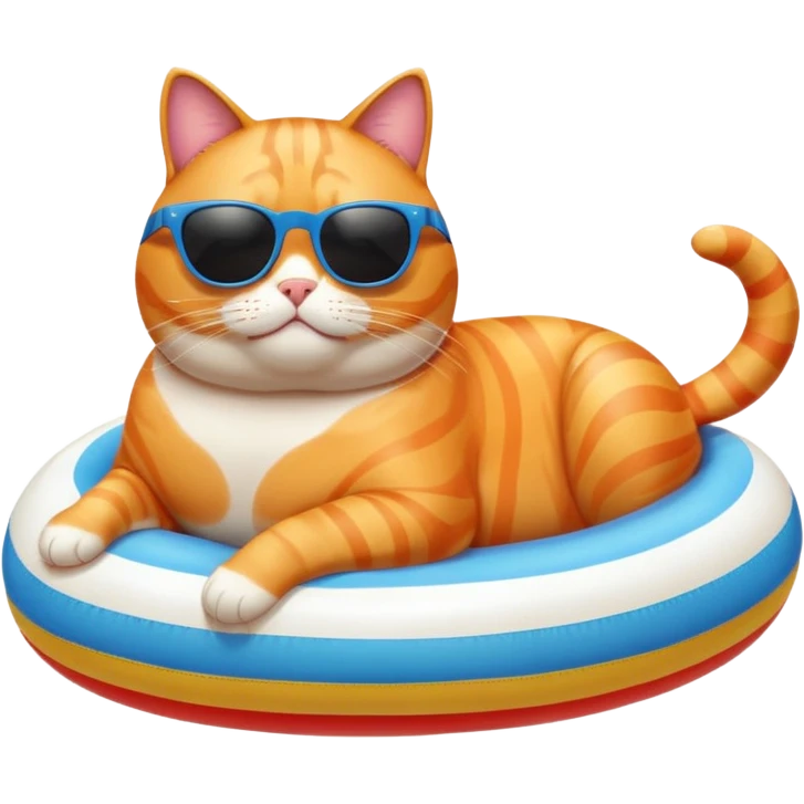 ￼fat orange Cat with sunglasses and a yello red blue and white striped pool floatpool float  emoji