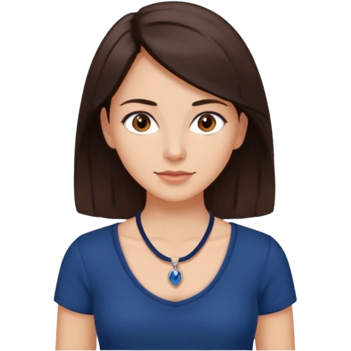 Mulher dos cabelos medios marrons escuros com uma blusa colada azul marinho e olhos castanhos e pele branca e um colar simples emoji