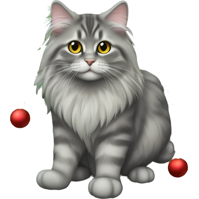 Gray Siberian cat on top of Christmas tree  emoji