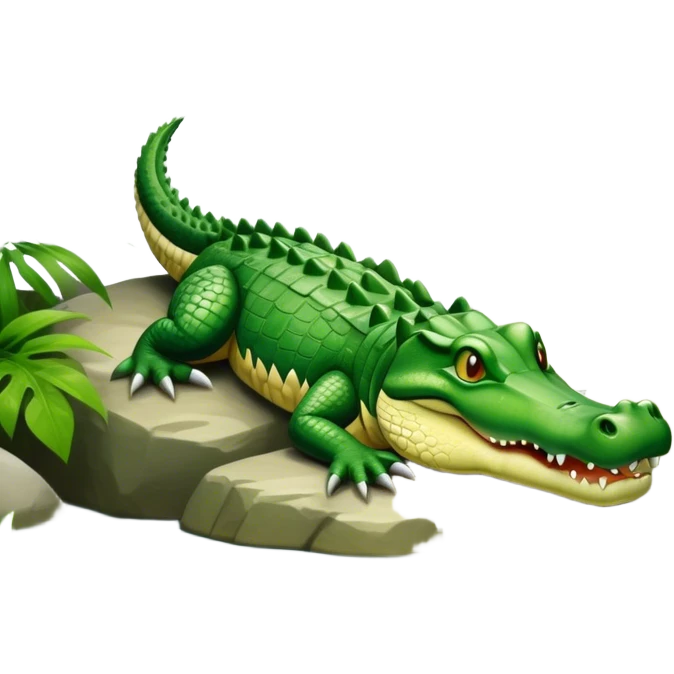 Crocodile resting, surrounded by rocks, water, and tropical plants. The green scales of the crocodile glisten under the light, with its sharp eyes focused ahead. The background features a naturalistic habitat with plants and water, giving it a lifelike feel. emoji