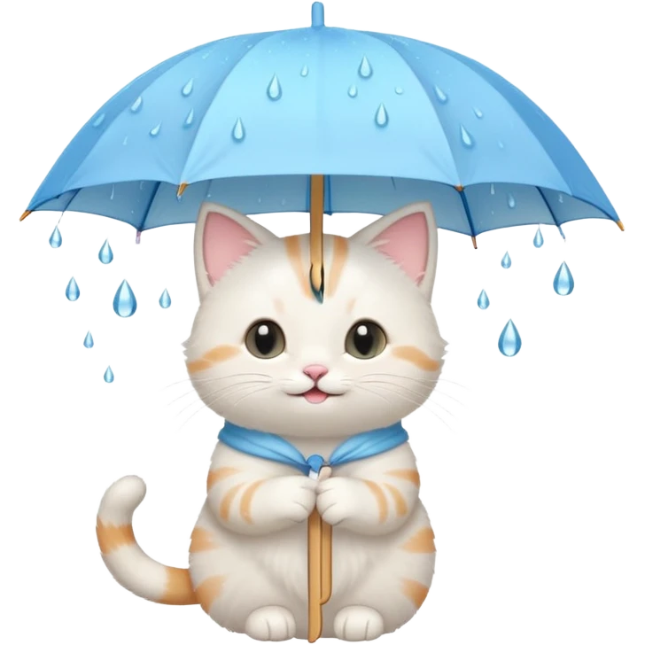 A cute cat holding a pastel umbrella, smiling while raindrops fall softly. emoji