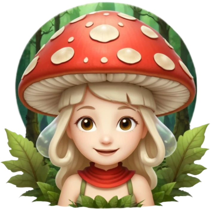 mushroom fairy portrait, head and shoulders only, wearing a large mushroom cap hat, tiny glowing wings visible behind shoulders, cute magical smile, forest fantasy vibe, 3D cartoon, mobile game icon style, clean background, no text, no watermark

 emoji