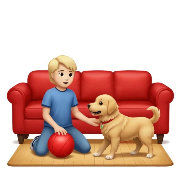 kid and dog playing with ball, living room background emoji