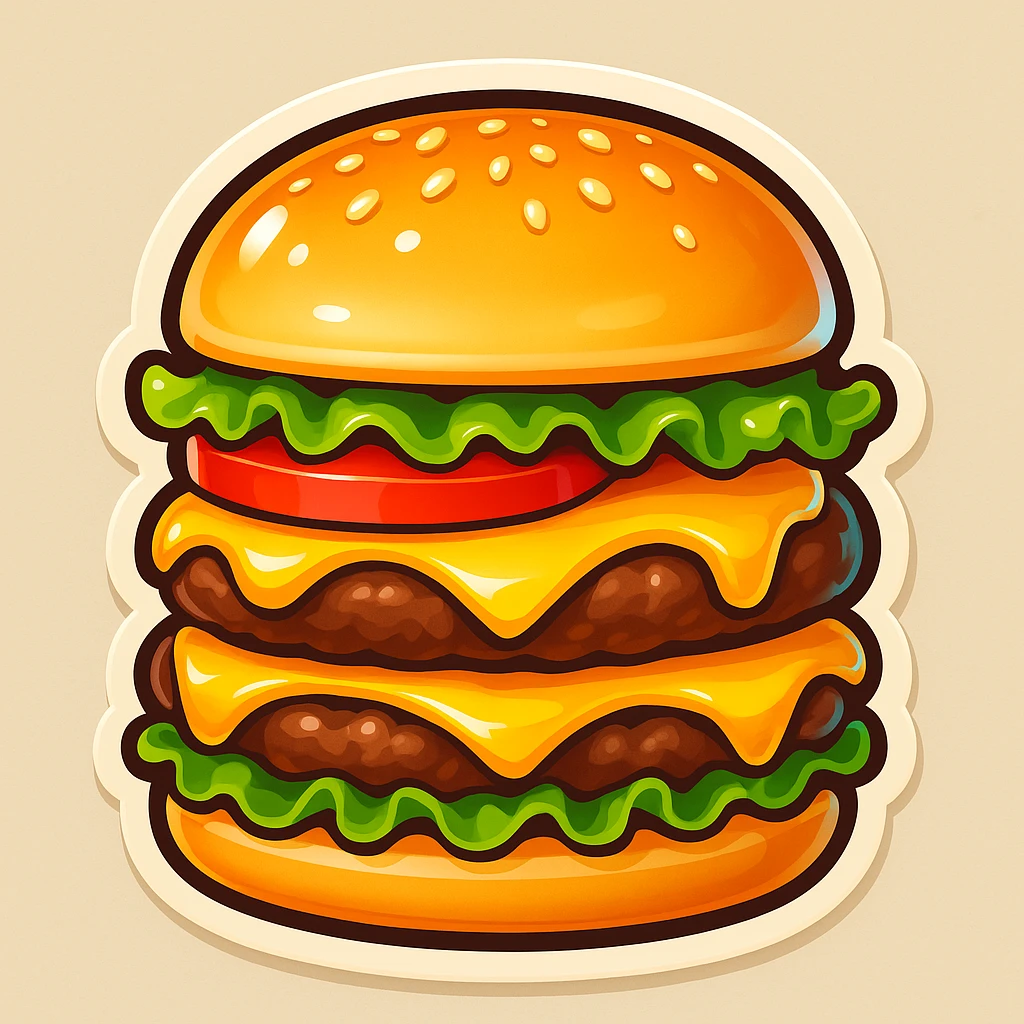 Add fresh green lettuce and juicy red tomato slices to the cheeseburger, keeping the cartoon emoji style, high detail, bright colors, and appetizing look. emoji