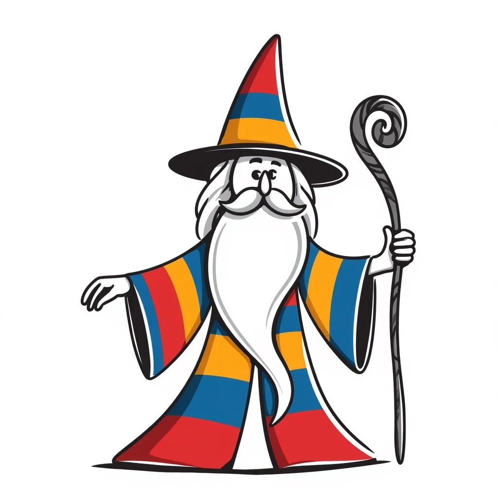 Hand-drawn wizard with beard and Armenian flag colors (red, blue, orange) on robe and hat emoji