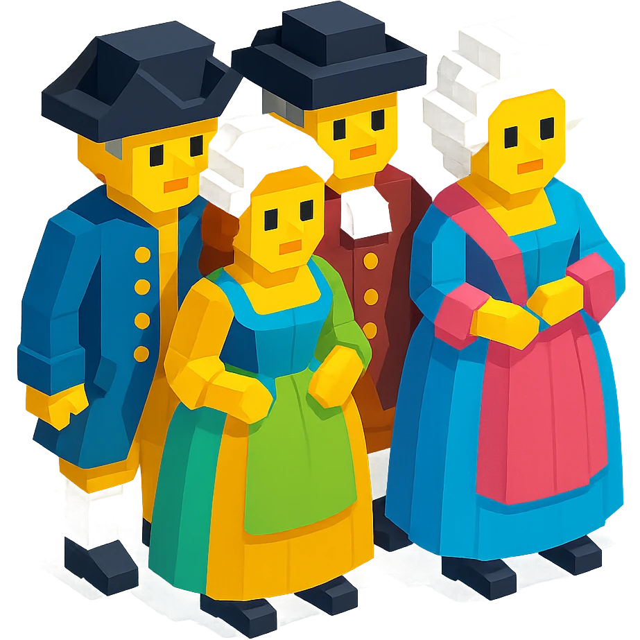 isometric full-body illustration of an 18th century crowd emoji