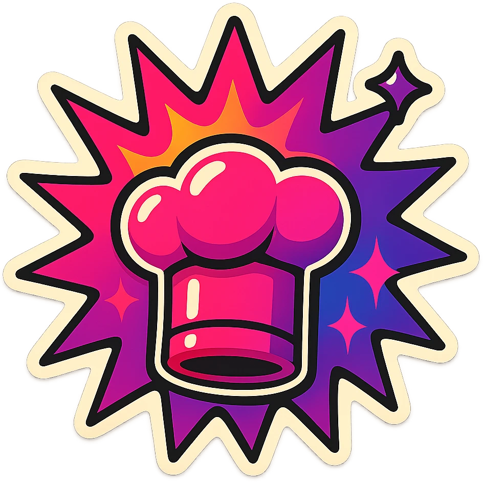 chef's hat, lot of colors explosions, playful and modern with gradient FF4D67, 9D34FF gradient, border black, vibrant, matching image reference  emoji