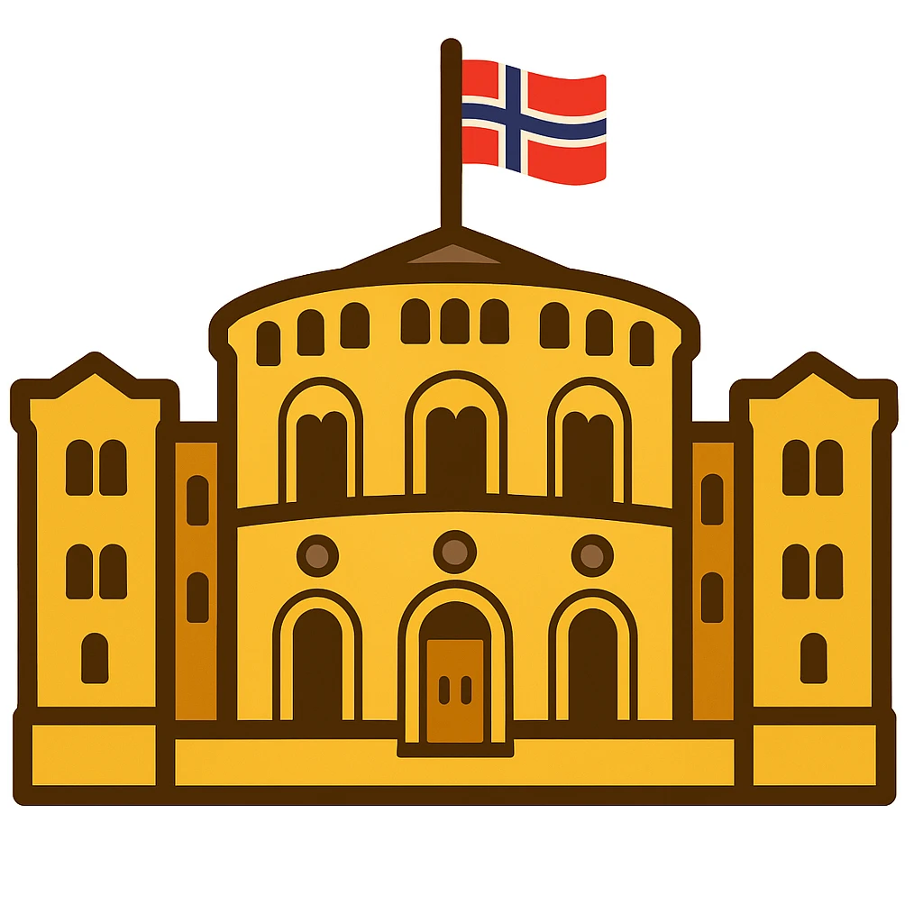 Create an emoji-style illustration of the Norwegian Parliament building (Stortinget) with a yellow brick facade, arched windows, a central rotunda, and a Norwegian flag on top. The style should be simplified and expressive, capturing the essence of emoji style. emoji