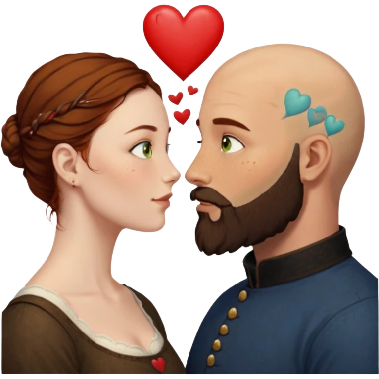 Couple. Bald man with dark brown-black beard. Woman with many small, faded, round freckles, white skin and she has auburn-yellow-brown-caramel-cinnamon dark hair. She has light yellow-brown-green eyes. He have hazel-blue eyes. They look at each other. Many small red hearts around them. emoji