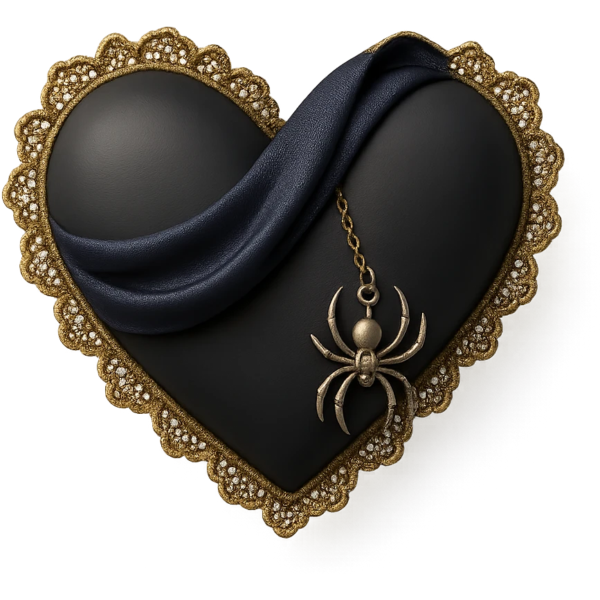 3D black style gothic heart, midnight blue silk, silver spider charm, lace trim, mysterious and rich emoji