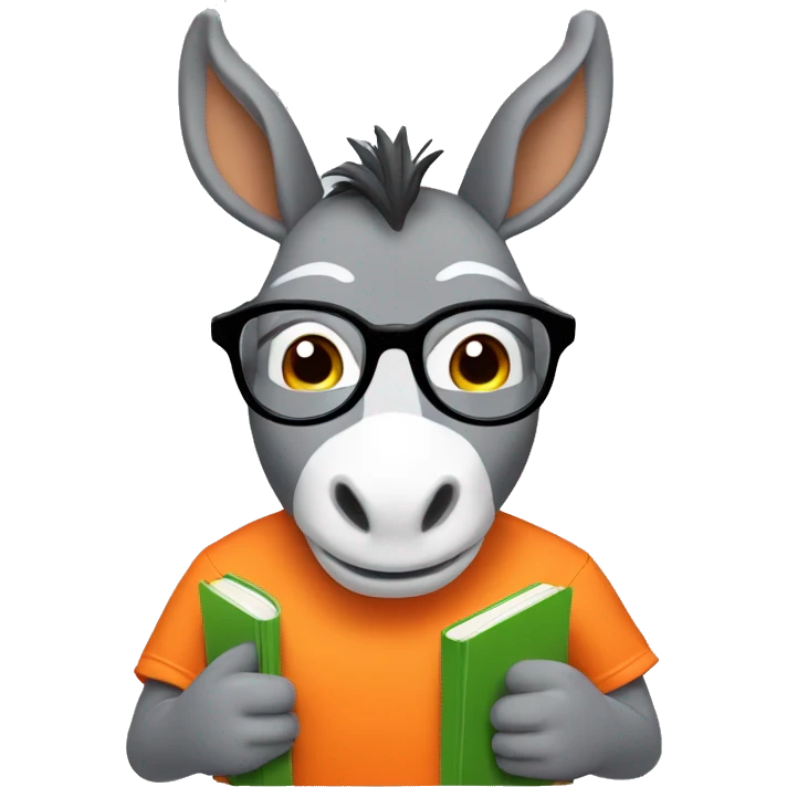 Make me a set of donkey memoji for an educational project. cute gray donkey, with round glasses, wearing an orange t-shirt, holding a book on his hand. it is important that it be in memoji style emoji