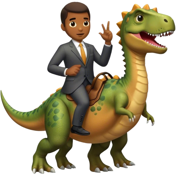 Black man in a suit riding a dinosaur emoji