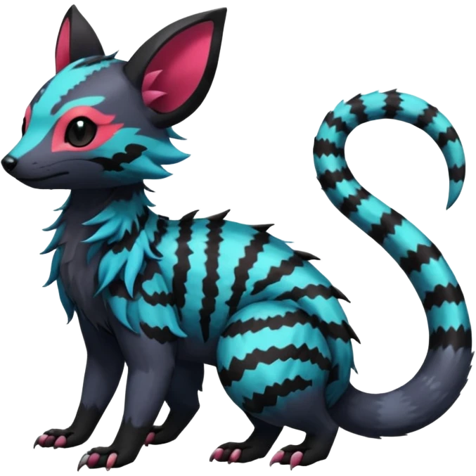 Rare exotic cute epic aesthetic gothic colorful Salandit-Eevee-Civet-species-Fakemon-hybrid-creature, with markings, full body emoji